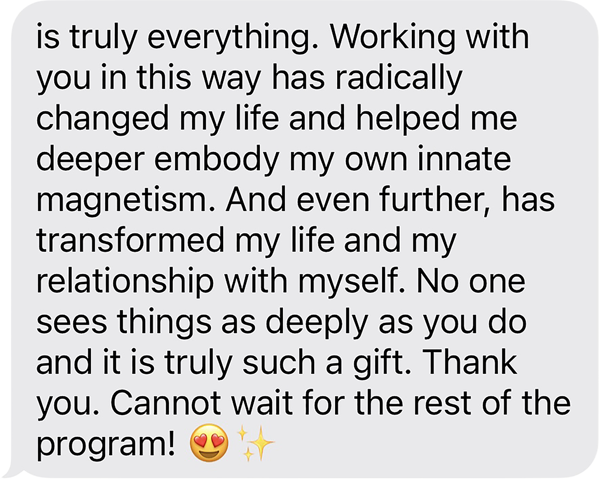 A text message expressing gratitude for a positive working relationship, emphasizing personal growth and transformation, ending with excitement for future programs, and including a smiling face with heart eyes emoji and sparkling stars.