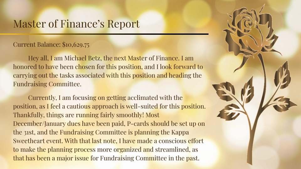 The Master of Finance, Michael Betz, says he is looking forward to his position and heading the Fundraising committee. He is working on getting used to the position and monitoring P-cards as they are being set up.
