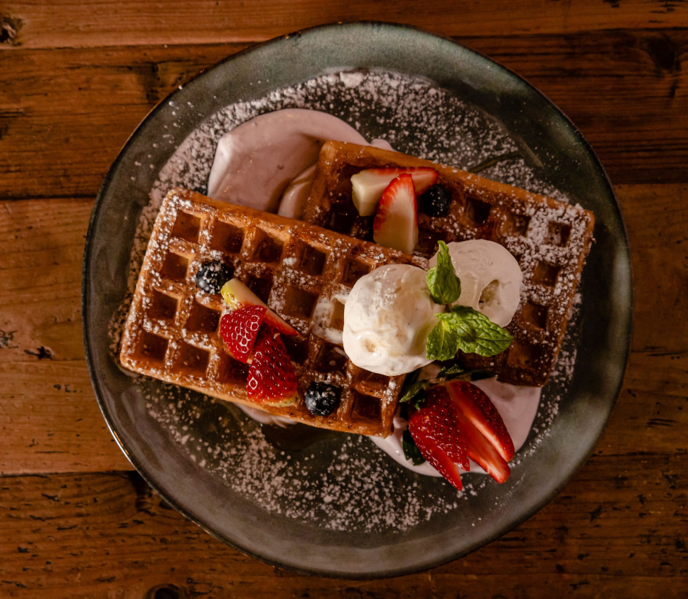 Brunch waffles with fresh berries at Brew Cafe & Wine Bar Brisbane CBD