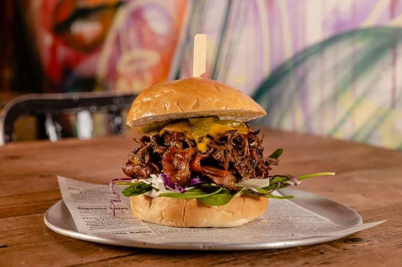 Pulled beef burger with slaw at Brew Cafe & Wine Bar Brisbane