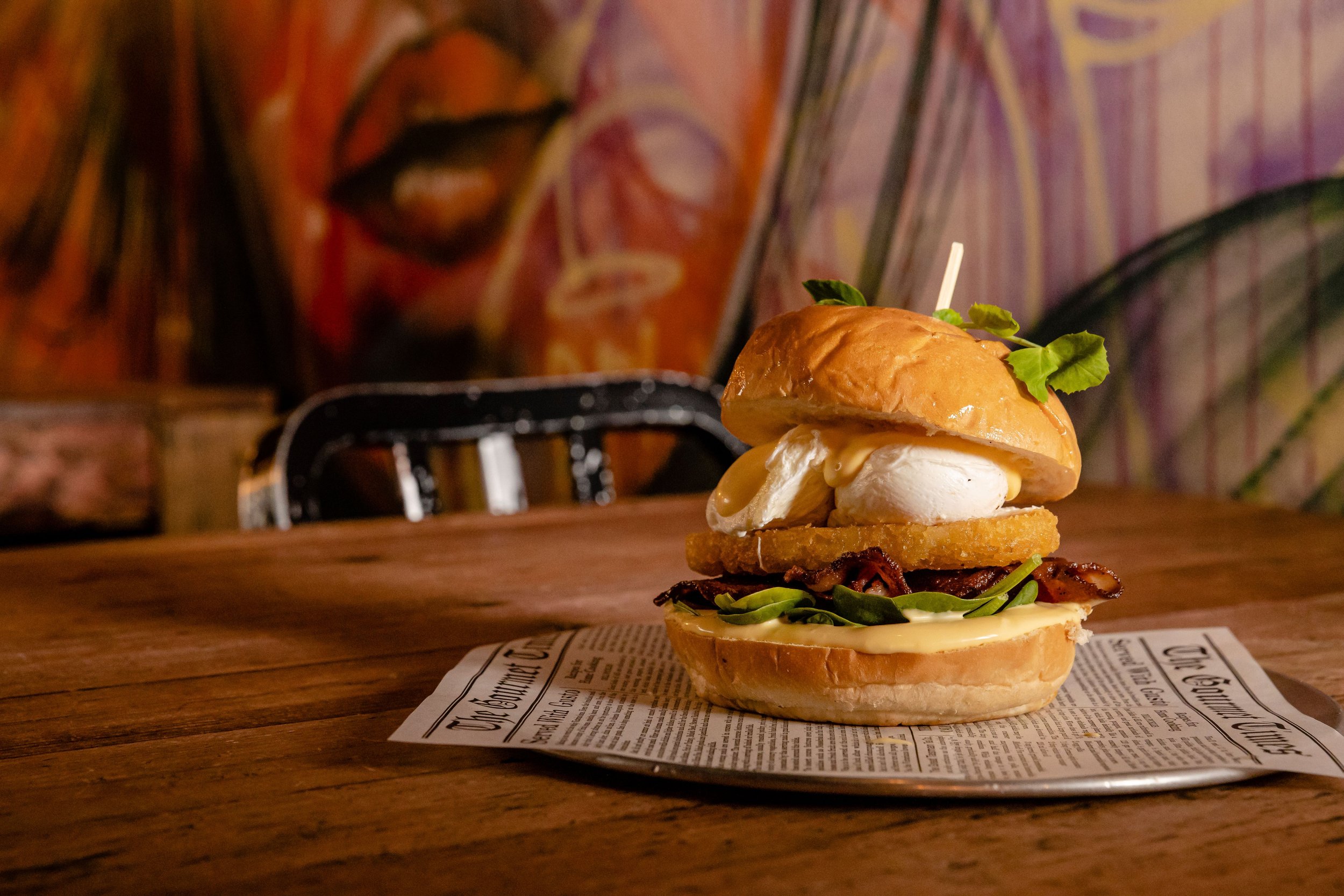 Gourmet breakfast burger at Brew Cafe & Wine Bar, Brisbane's oldest laneway bar in the CBD