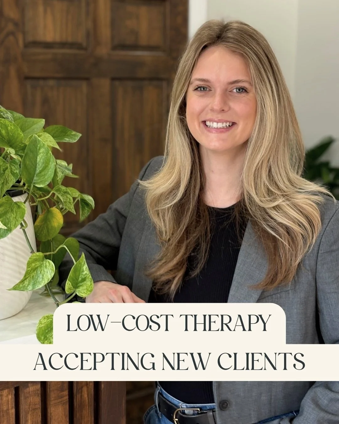 Claire Packer, RP (Qualifying) Intern - A smiling woman with long blonde hair wearing a gray blazer and black shirt, and leaning on a wooden counter with a green leafy plant nearby and a caption that reads "Low-Cost Therapy, Accepting New Clients."