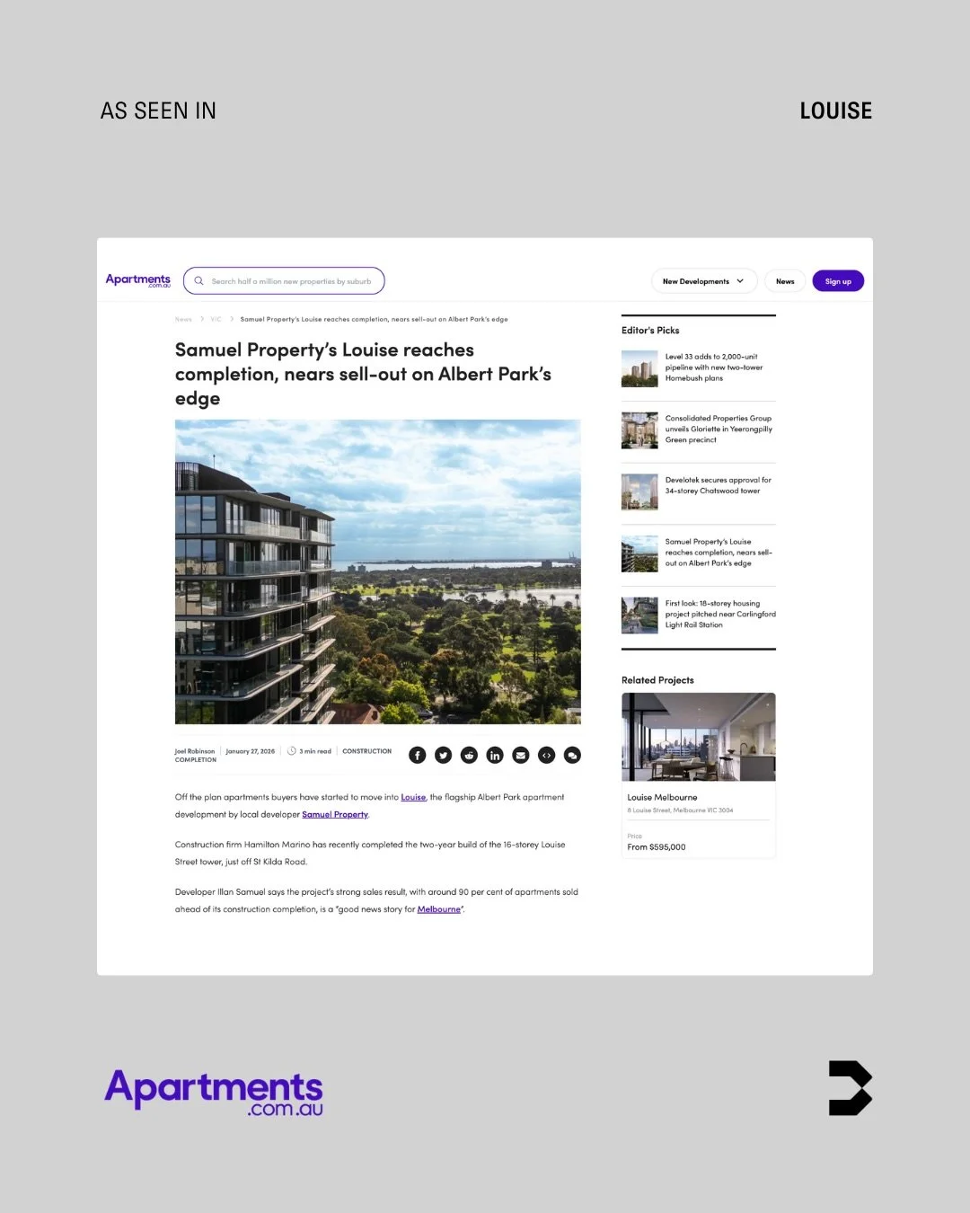 Excited to see Louise officially complete on the edge of Albert Park &mdash; residents are moving in, the finished building looks incredible, and it&rsquo;s great to see the project featured in Apartments.com.au.

With around 90% of residences sold b