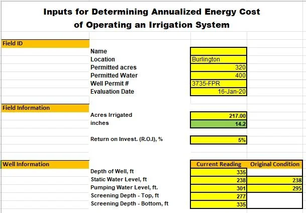 Assessing center pivot irrigation system efficiency and energy costs