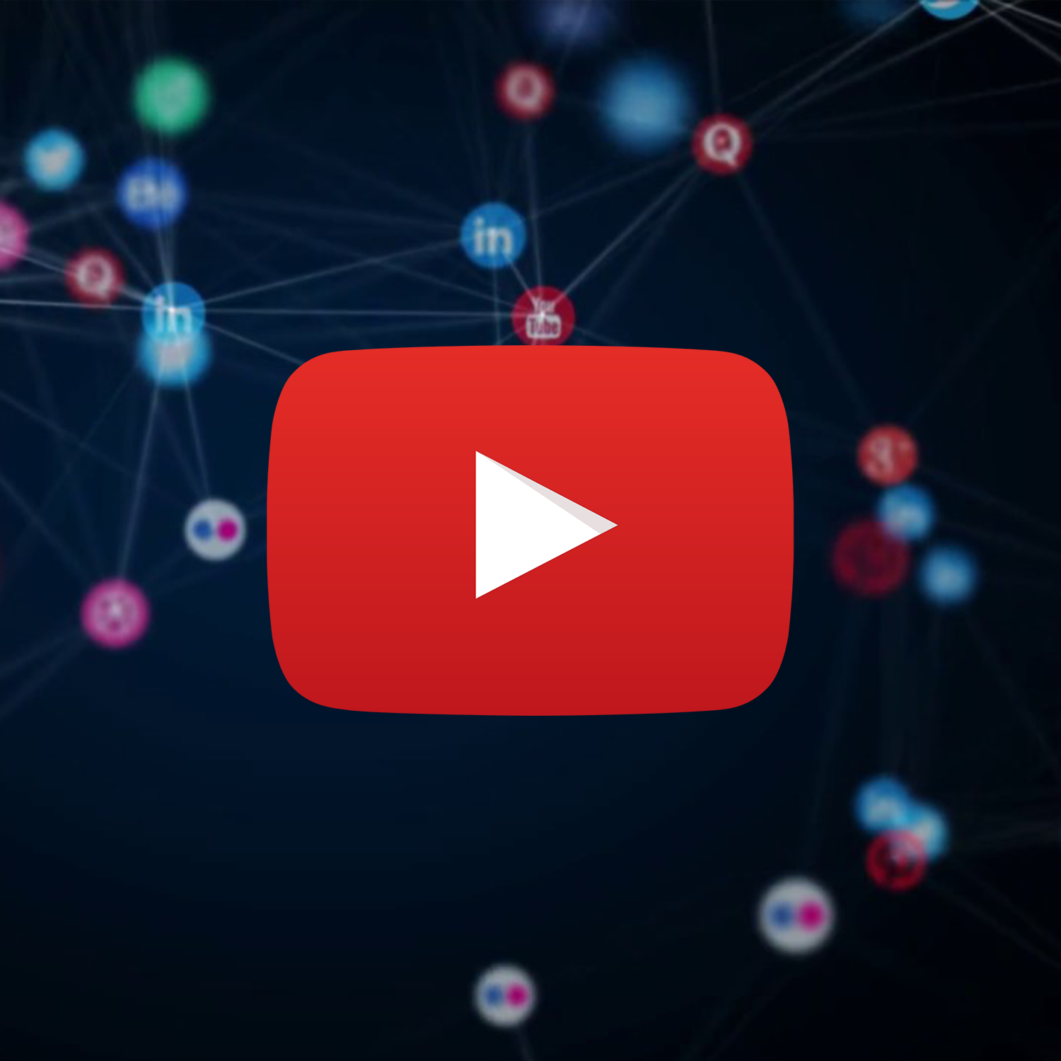 YouTube play button overlayed on a background of social media icons connected by lines, representing social network connections.