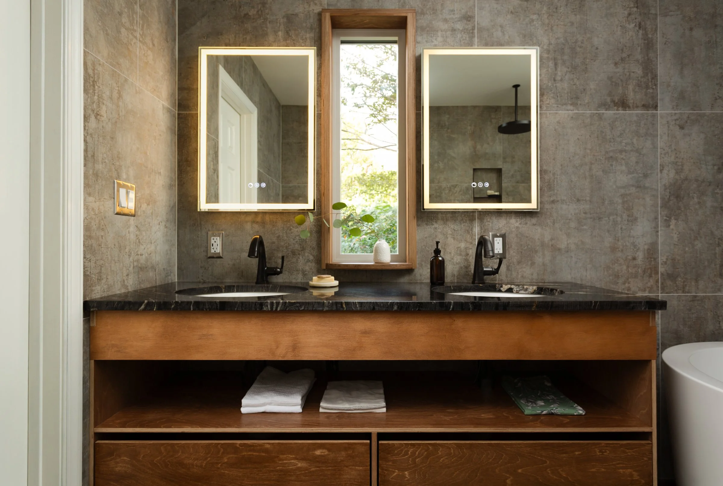 Custom designed vanity and custom window framing