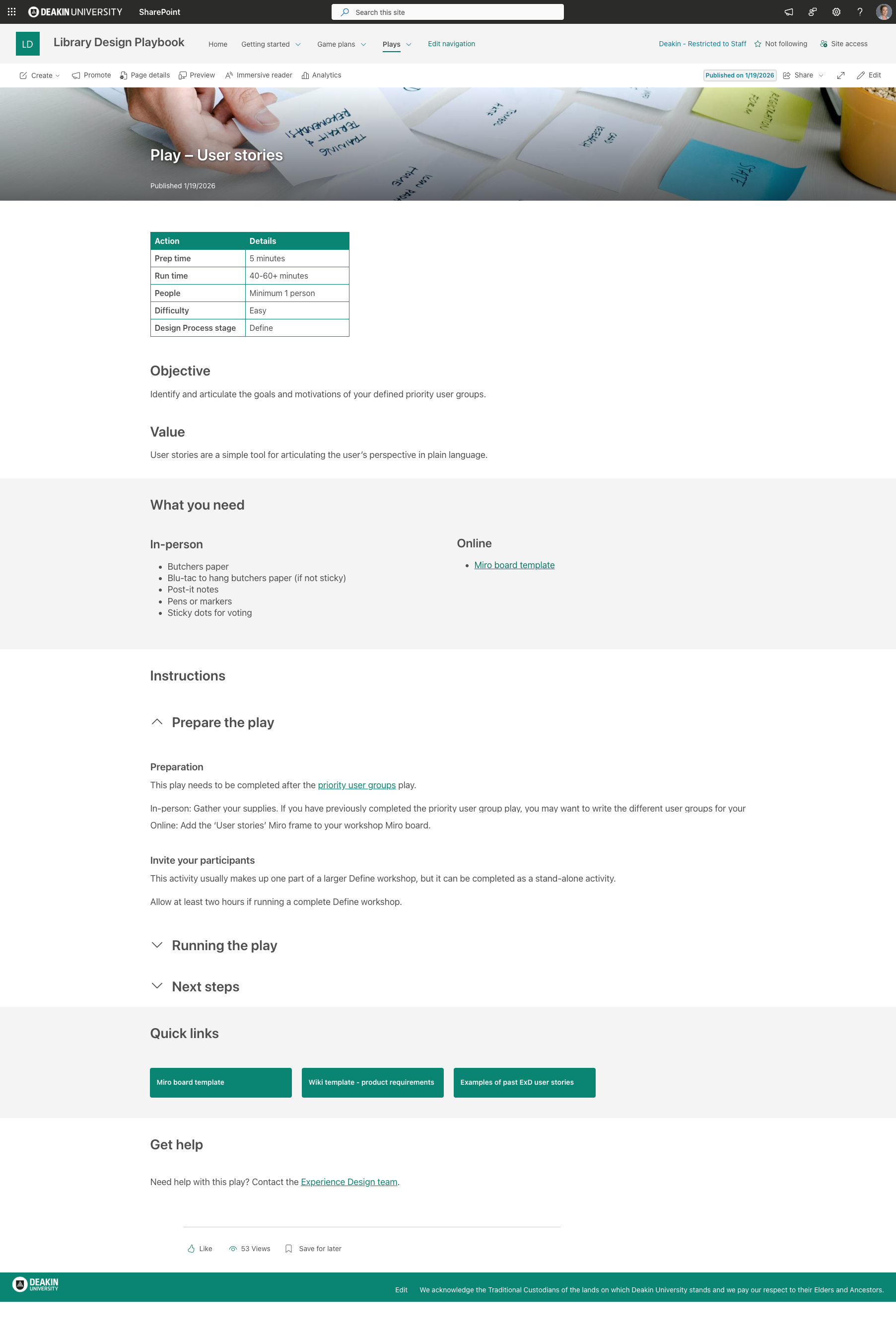 User stories play page