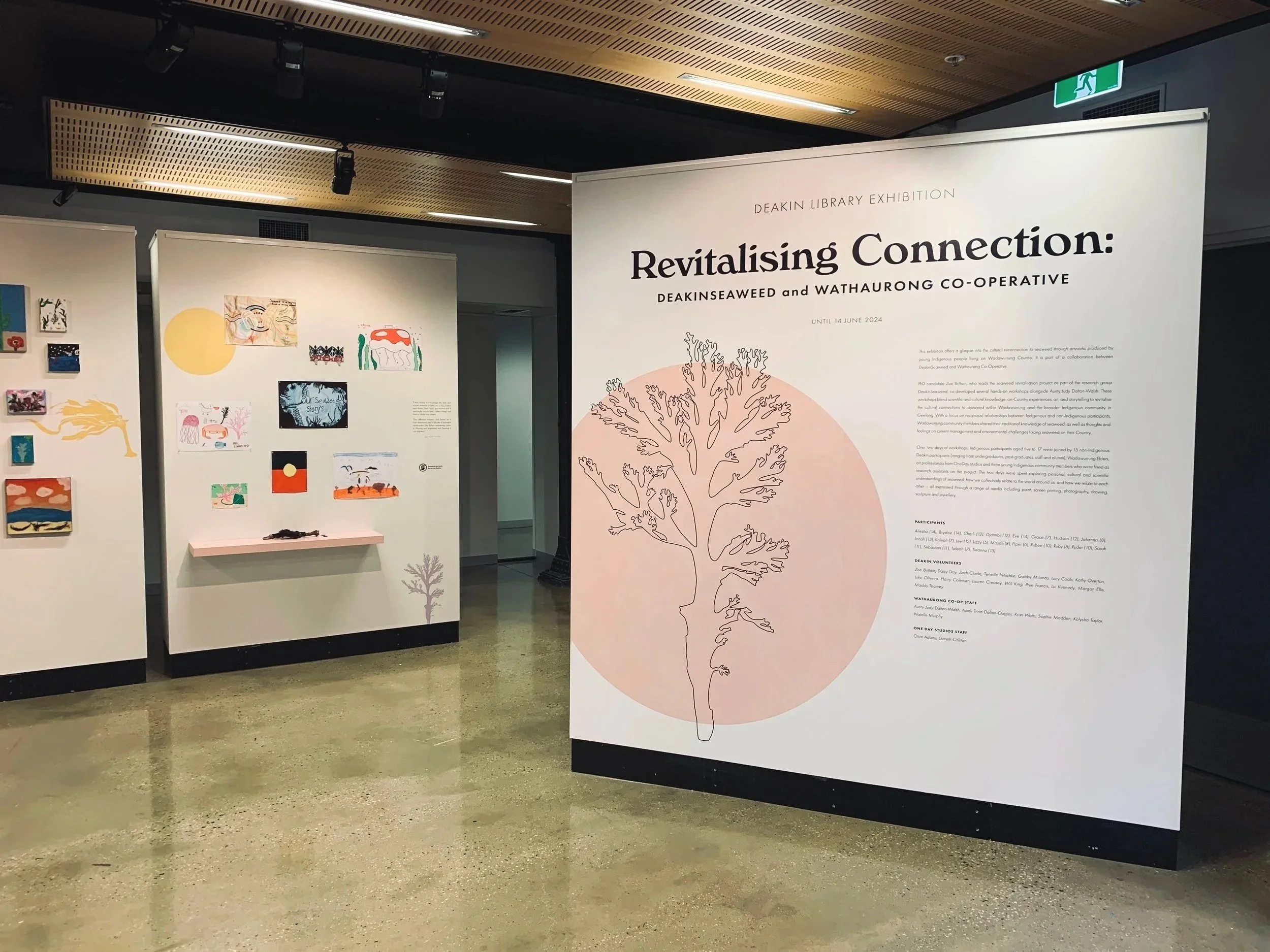 Entry way to exhibition, master didactic with outline of seaweed sitting on pink circle. Children's artwork pinned on walls in the exhibition space.