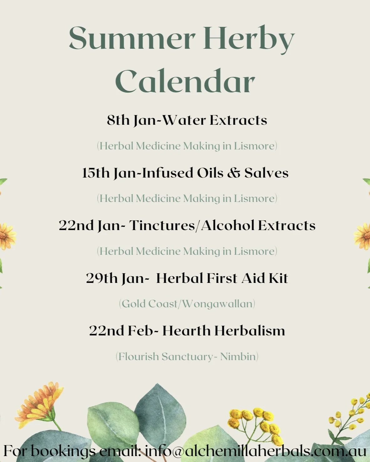 🌿 SUMMER HERBY CALENDAR 🌿
There are some great herbal medicine workshops coming up around Gold Coast, Nimbin and Lismore. Grassroots and Earth centred teachings.

🌼8th Jan- WATER EXTRACTS- Herbal Medicine Making Series- Lismore

🌼15th Jan- INFUSE