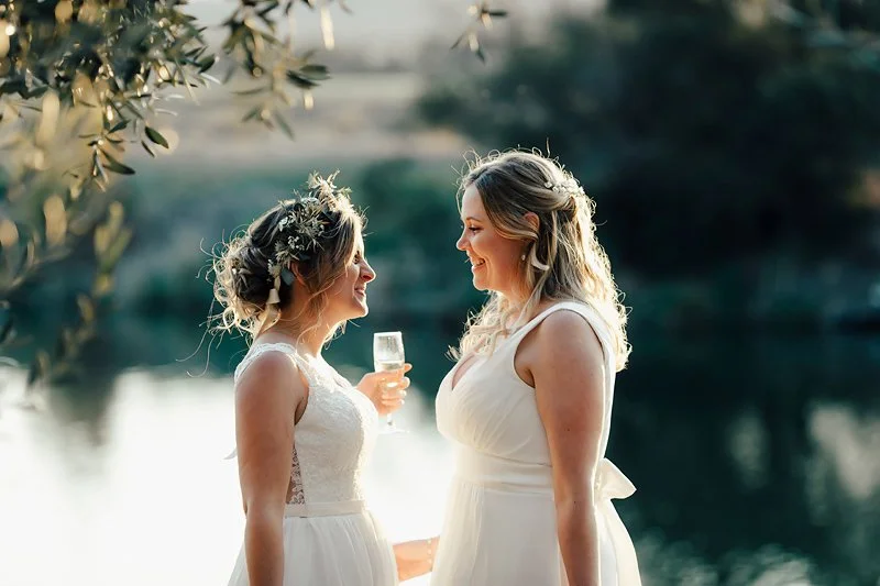 Two stunning brides on their wedding day at Canberra wedding venue Pialligo Estate. Same sex wedding portraits.