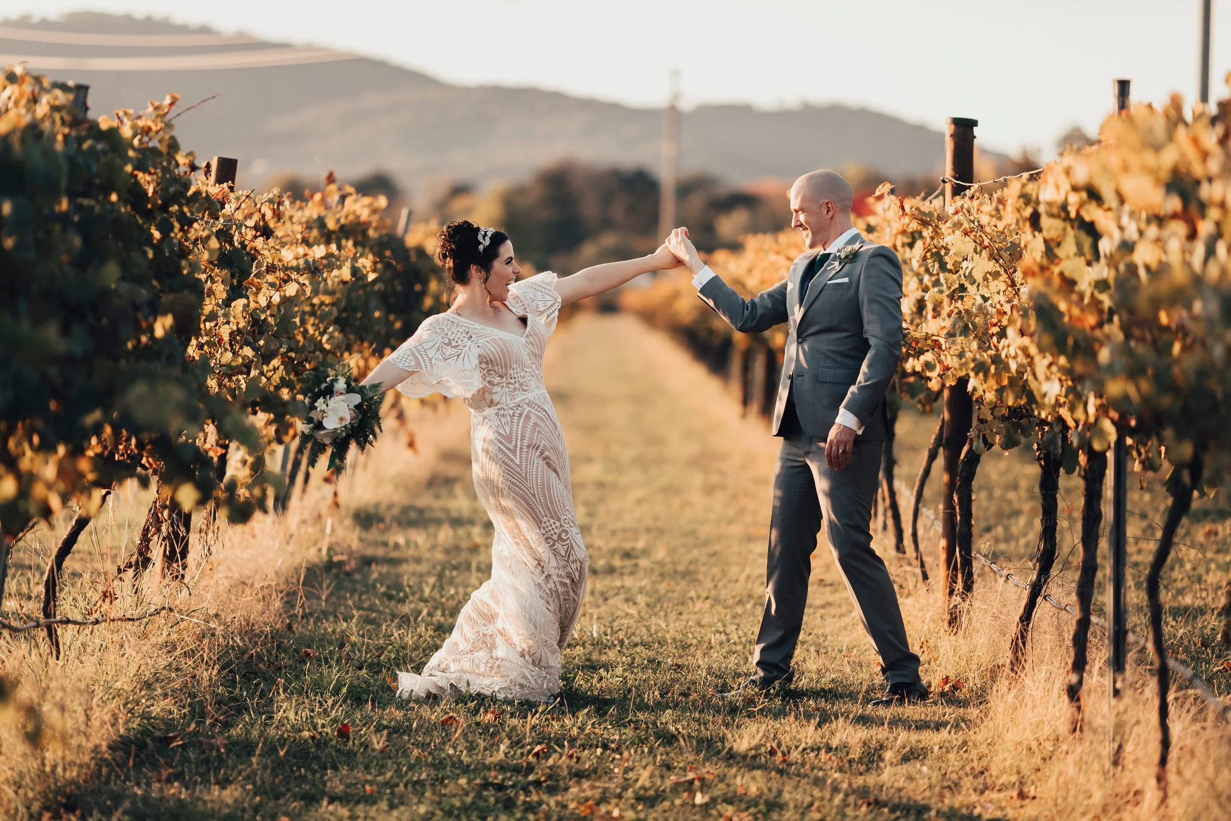 The sun drenched paddock and Olive grove at Pialligo Estate Canberra was the perfect backdrop for fun wedding portraits with Nadia and Nick.