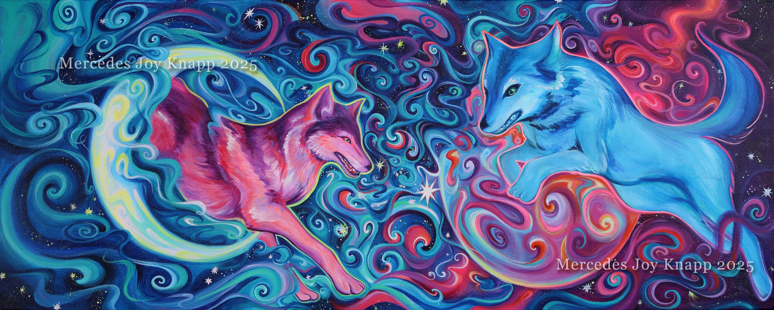Two Wolves // Acrylic on 40x16in canvas, 2025