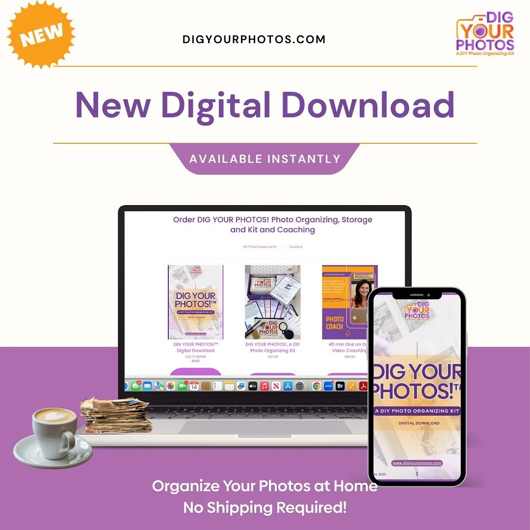 ✨ Introducing the DIG YOUR PHOTOS!&trade; Digital Download ✨
The same powerful print-photo organizing system&mdash;now instantly accessible!
Download the step-by-step guide, templates, and sorting cards that help you finally tackle those boxes of pho