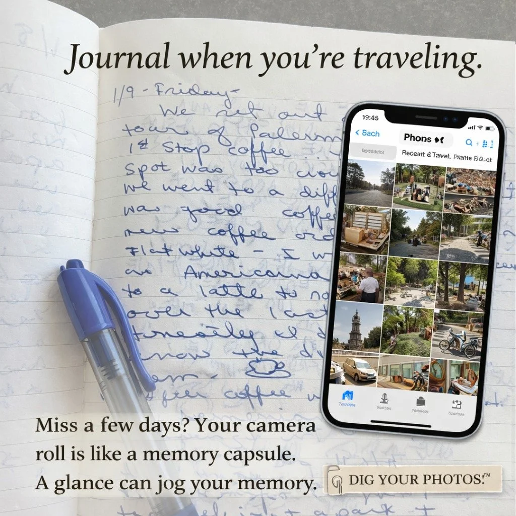 ✍️ Travel Journal Tip 📸
Some days you explore so much that the journaling part gets left behind and that&rsquo;s okay.
Here&rsquo;s my favorite trick:
When I miss a few days, I open my camera roll.

One photo brings back the caf&eacute;.
Another rem