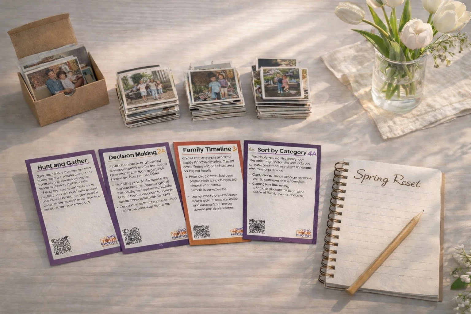 Spring is about fresh starts.
What if this was the season you finally opened the box?
DIG YOUR PHOTOS!&trade; gives you the simple system to organize your printed photos, one manageable step at a time.
No overwhelm.
No guessing.
Just clarity.
Join th