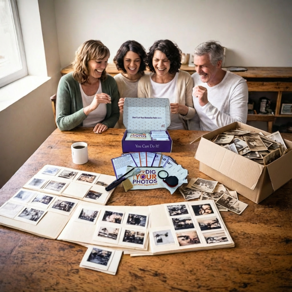 A happy family organizing their photos with DIG YOUR PHOTOS!™