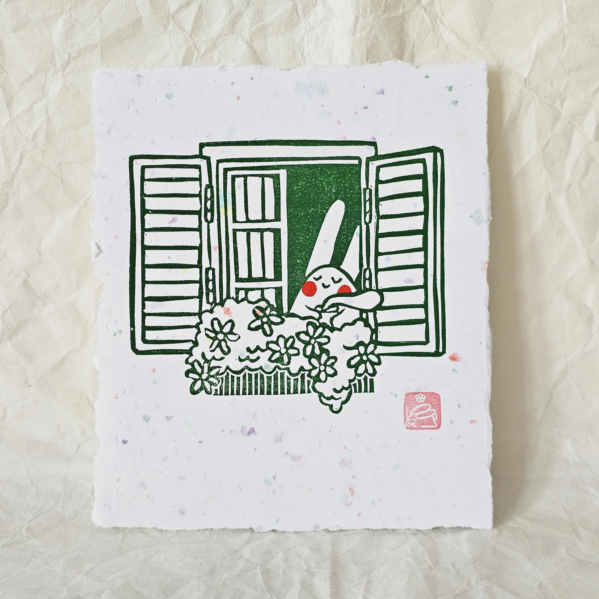 Bunny Window Square Lino Print