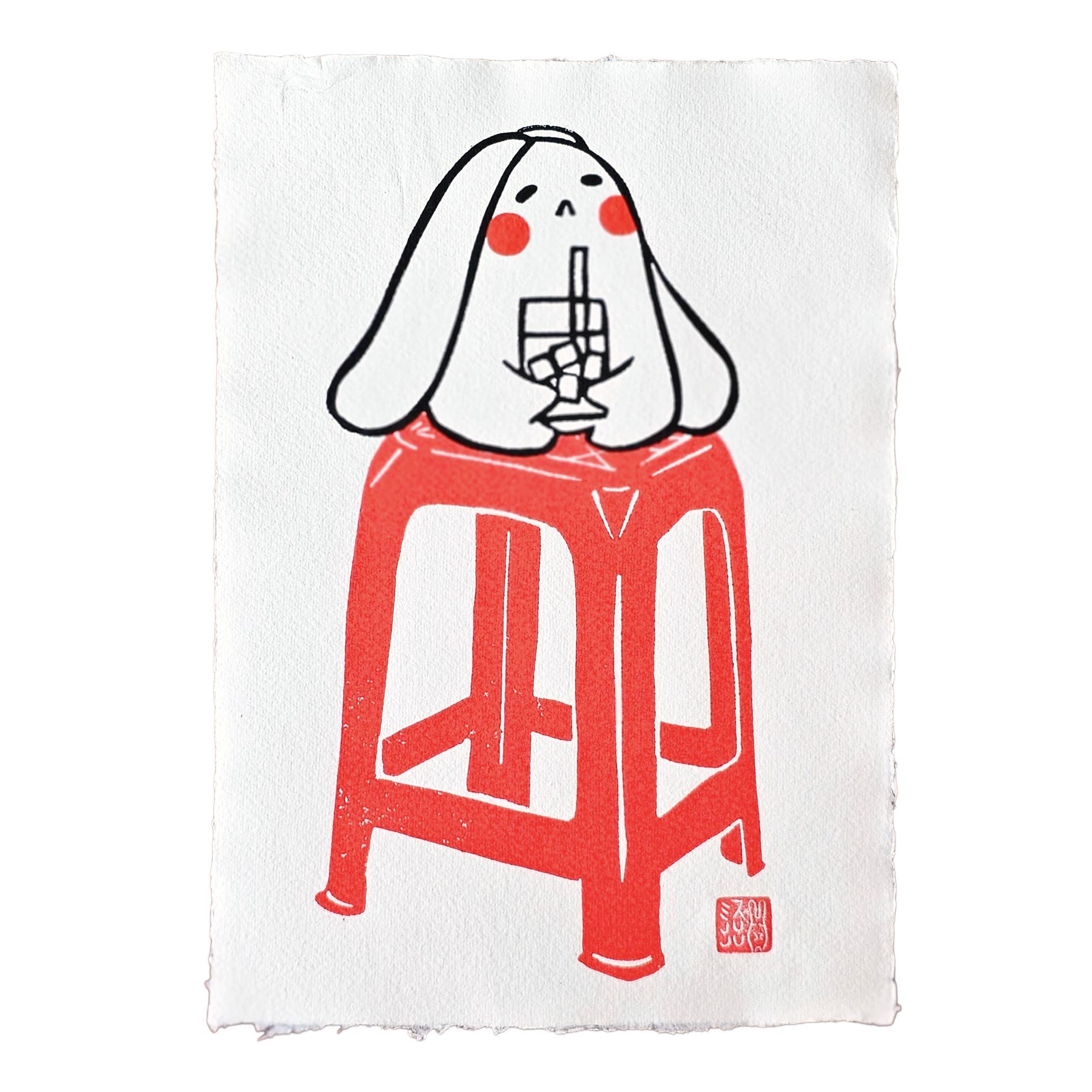 Red Chair Bunny (1) A4 Lino Print