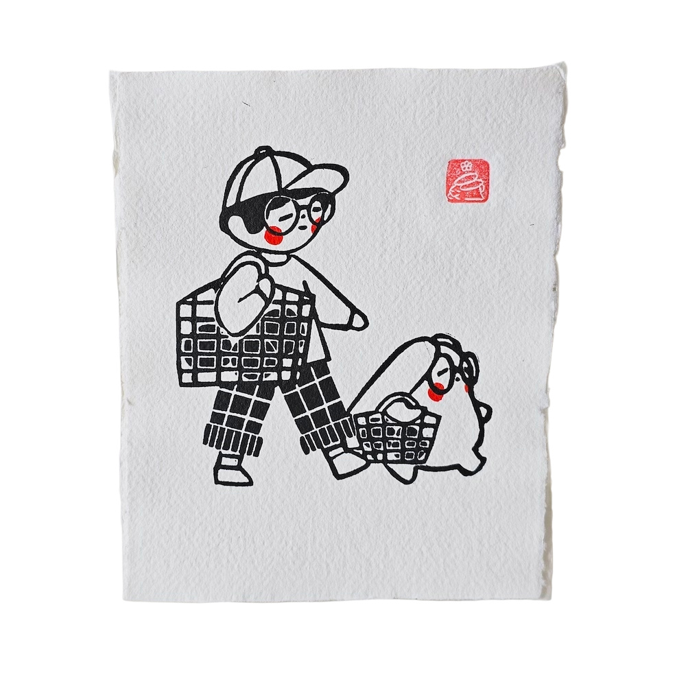 Grocery Run Square Lino Print