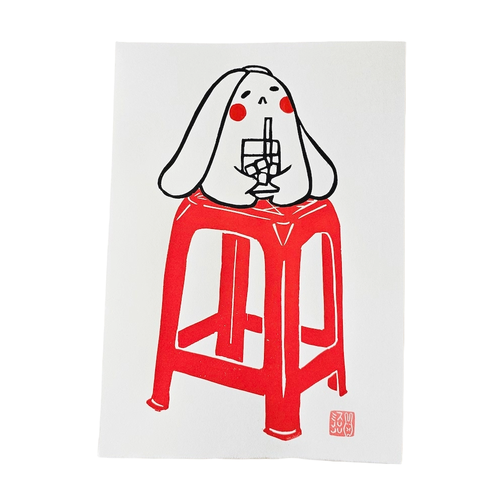 Red Chair Bunny (1) A4 Lino Print