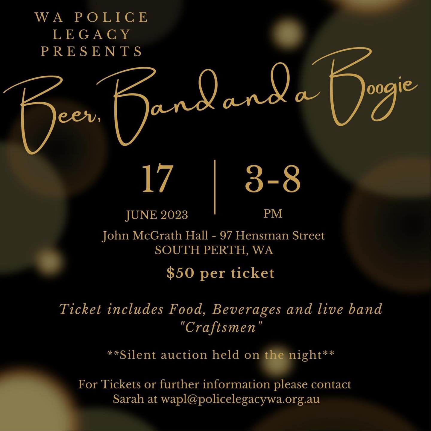 Get excited and grab your tickets to Beer, Band &amp; a Boogie for WA Police Legacy Inc.

craftsmenaus playing all your favourites throughout the evening.
🍻🎼💃🕺🏻💙