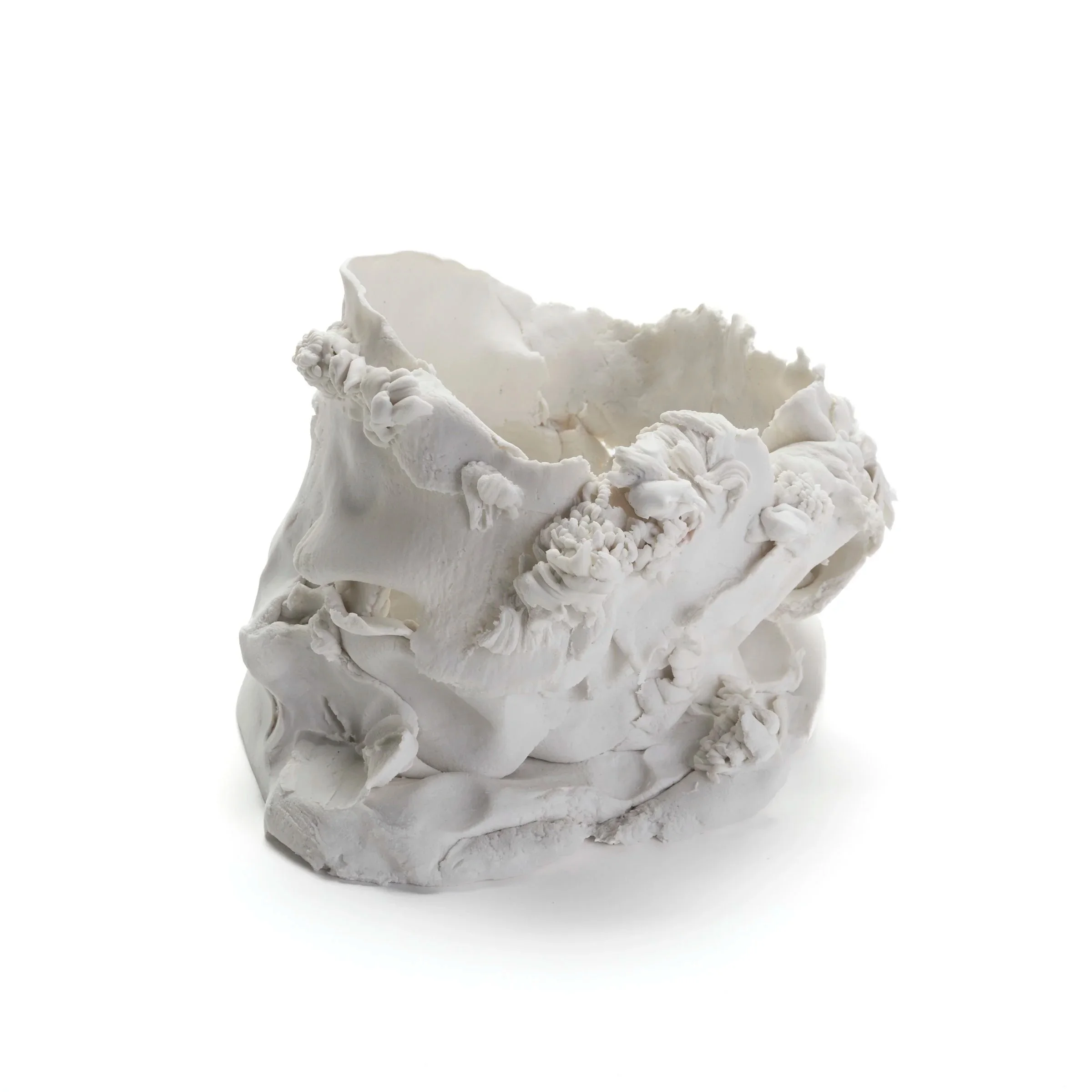 Threshold, hand-built porcelain sculpture with folded and torn paper porcelain clay. Abstract white vessel with textured gathered forms. Approx. 11 x 15 x 14.5 cm