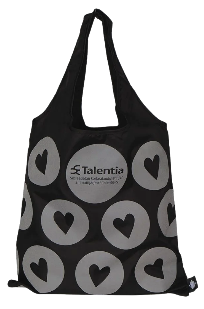 
 Asiakas:  
Talentia - Sosiaalialan korkeakoulutettujen ammattijärjestö
 
 Tuote: 
Toteutimme Talentialle kassin, joka on valmistettu 100% kierrätysmateriaalista. Kassiin painettiin heijastava painatus Talentia - suunnitelman mukaisesti.
 