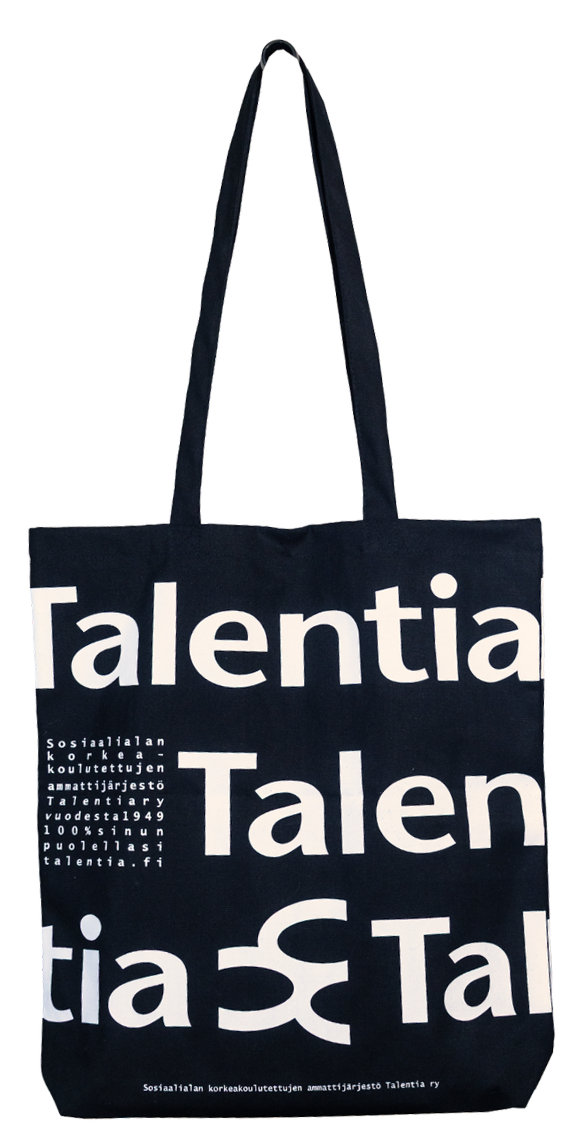  
 Asiakas:  
Sosiaalialan korkeakoulutettujen ammattijärjestö Talentia
 
 Tuote: 
Laadukas, 220gsm puuvillasta valmistettu kassi, toimitus keväällä 2025. Asiakas halusi laadukkaan kassin, joka menee varmuudella käyttöön. Kassit valmisti pitkäaikaine