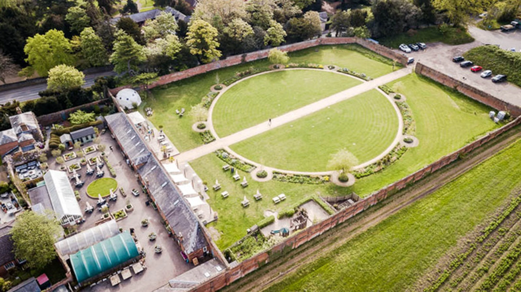 Aerial view of the two-acre walled Medicine Garden, Cobham