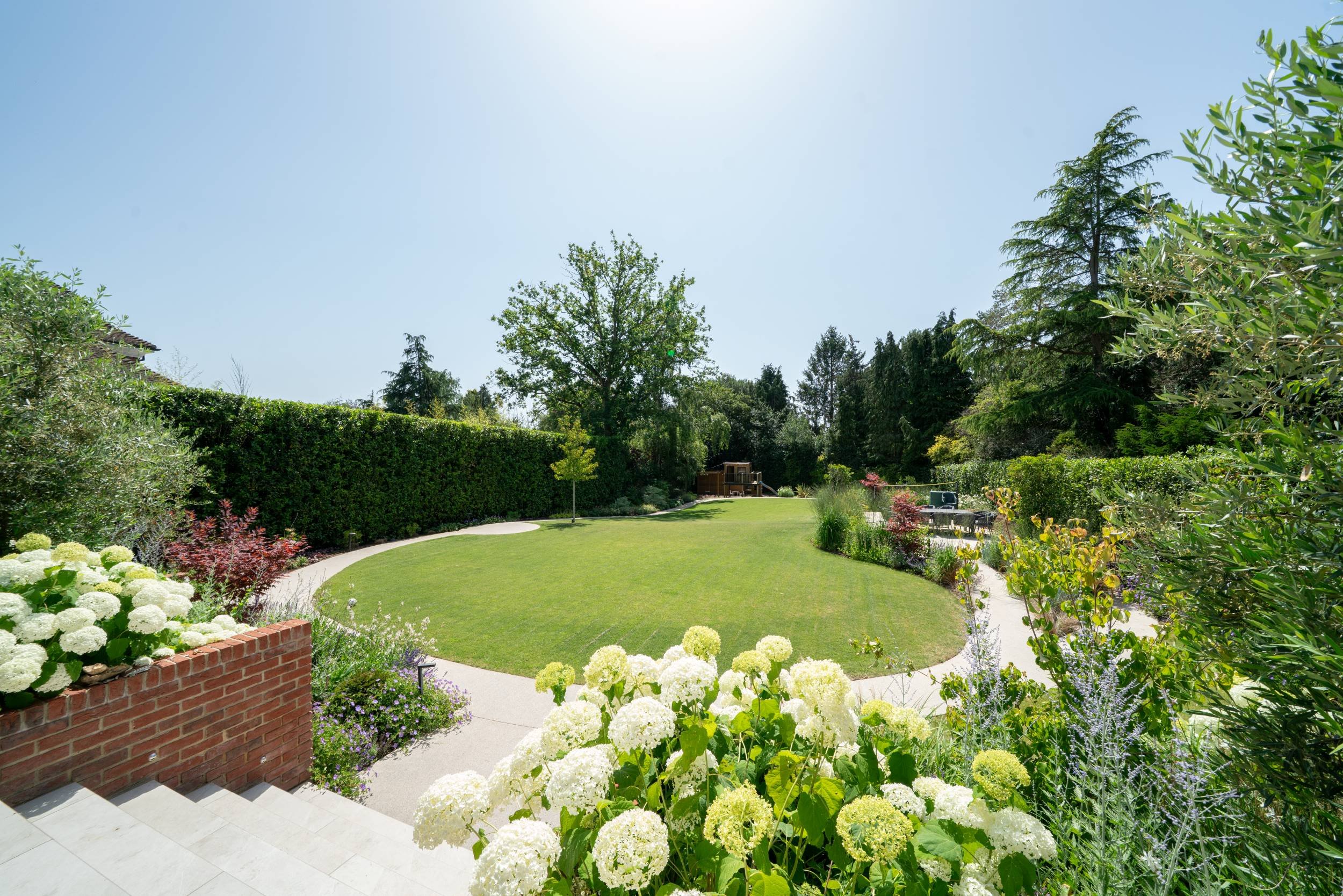 Curved lawn and raised brick beds of Hydrangea arborescens 'Annabelle' in a Cobham garden planted by The Plant Hunter