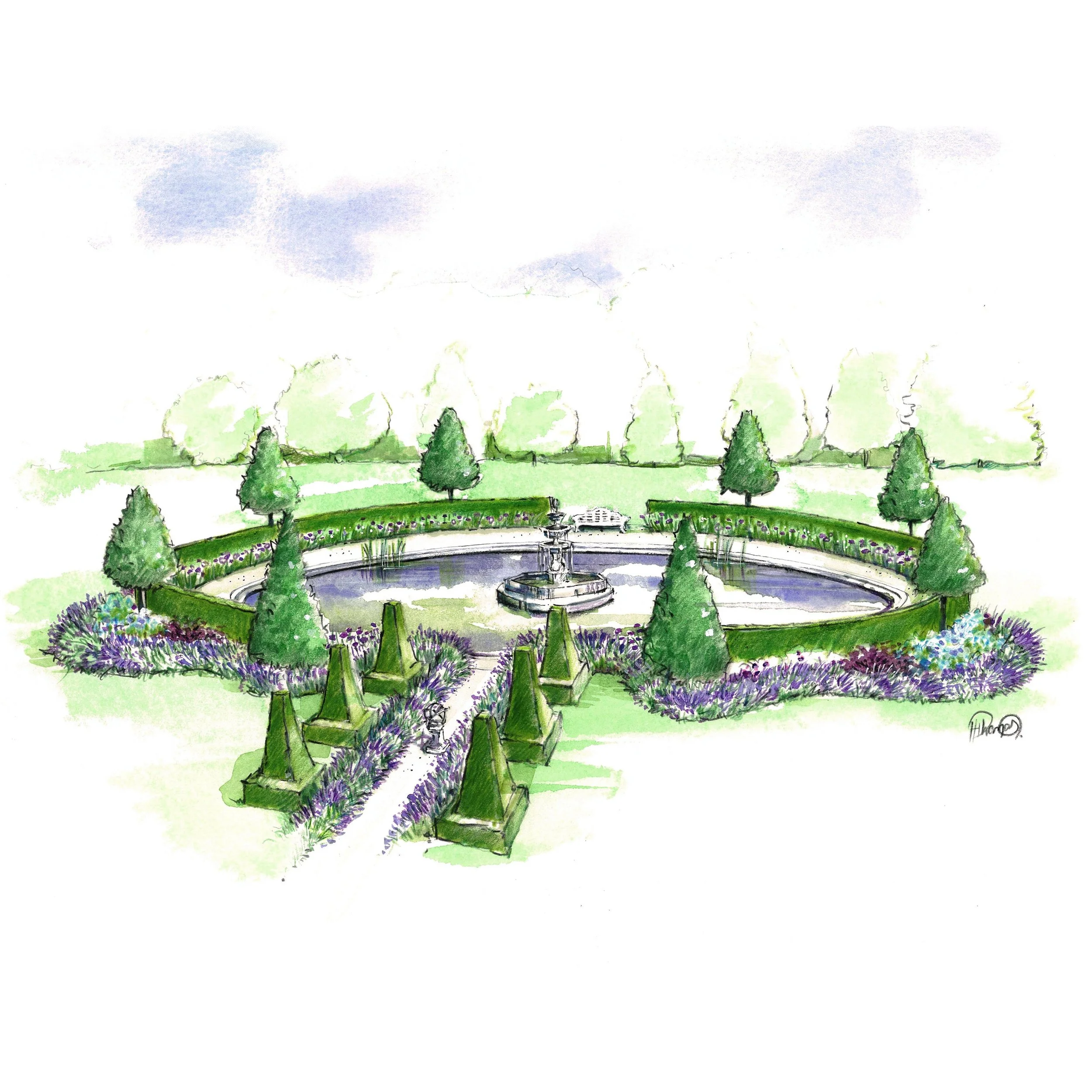 A watercolor painting of a garden scene with a fountain in the center, surrounded by green trees and purple flowers, under a cloudy sky.
