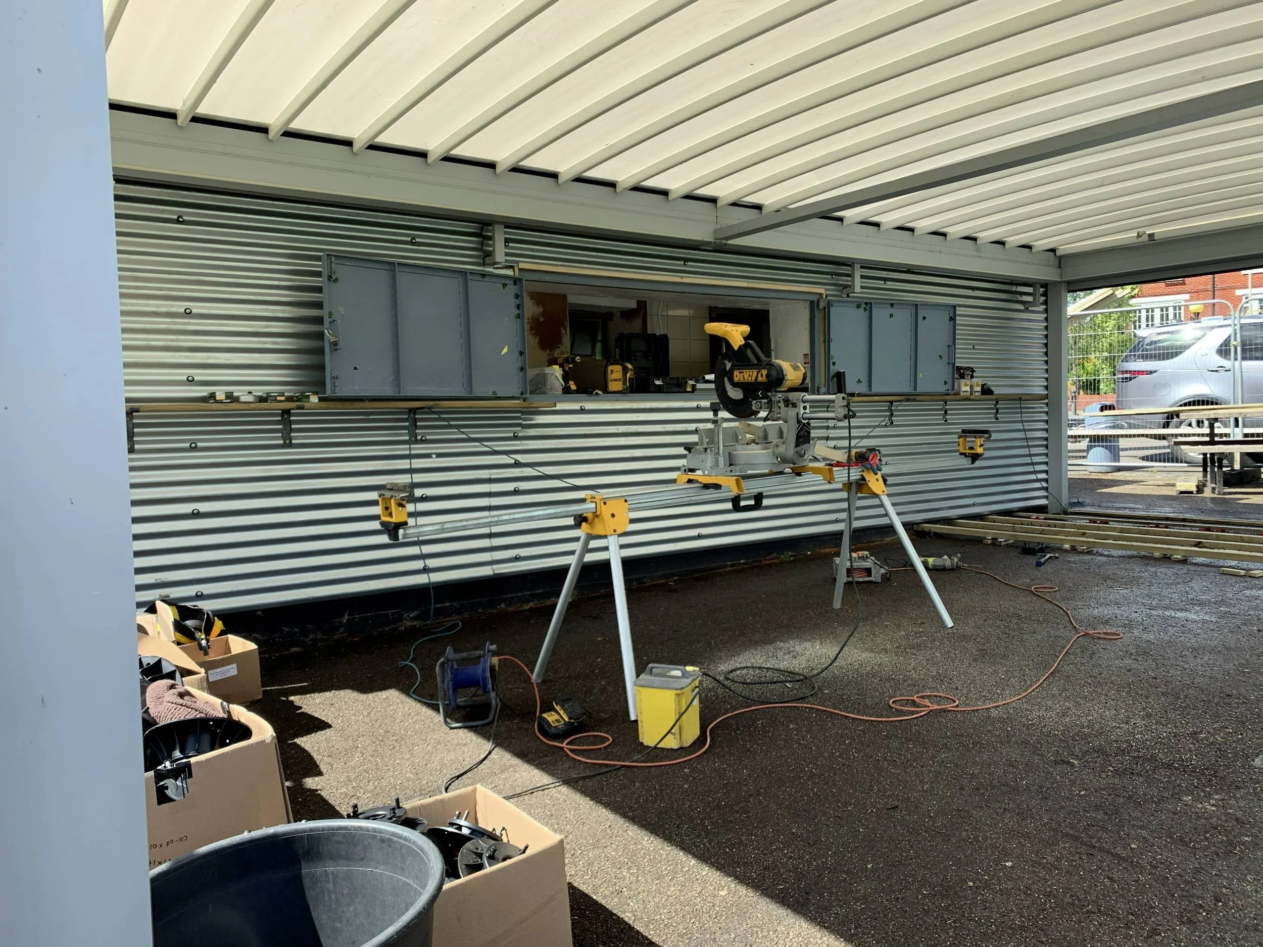 Decking and frame under construction at Radnor Gardens Cafe, Twickenham, before the living walls were installed