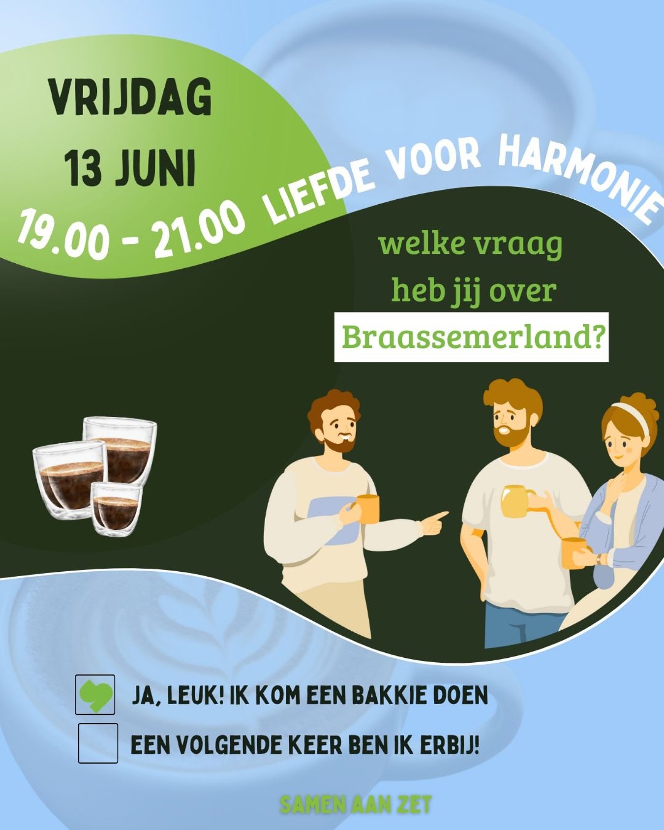 Samen praten over Braassemerland. Omdat er veel vragen zijn. En omdat wij die vragen kunnen beantwoorden. 

Kom je ook? 

📅 vrijdag 13 juni
🕣 19.00 uur
📍Liefde voor Harmonie

Aanmelden mag! Lekker makkelijk zo via DM. Hoeft niet, mag wel. 

Loop g