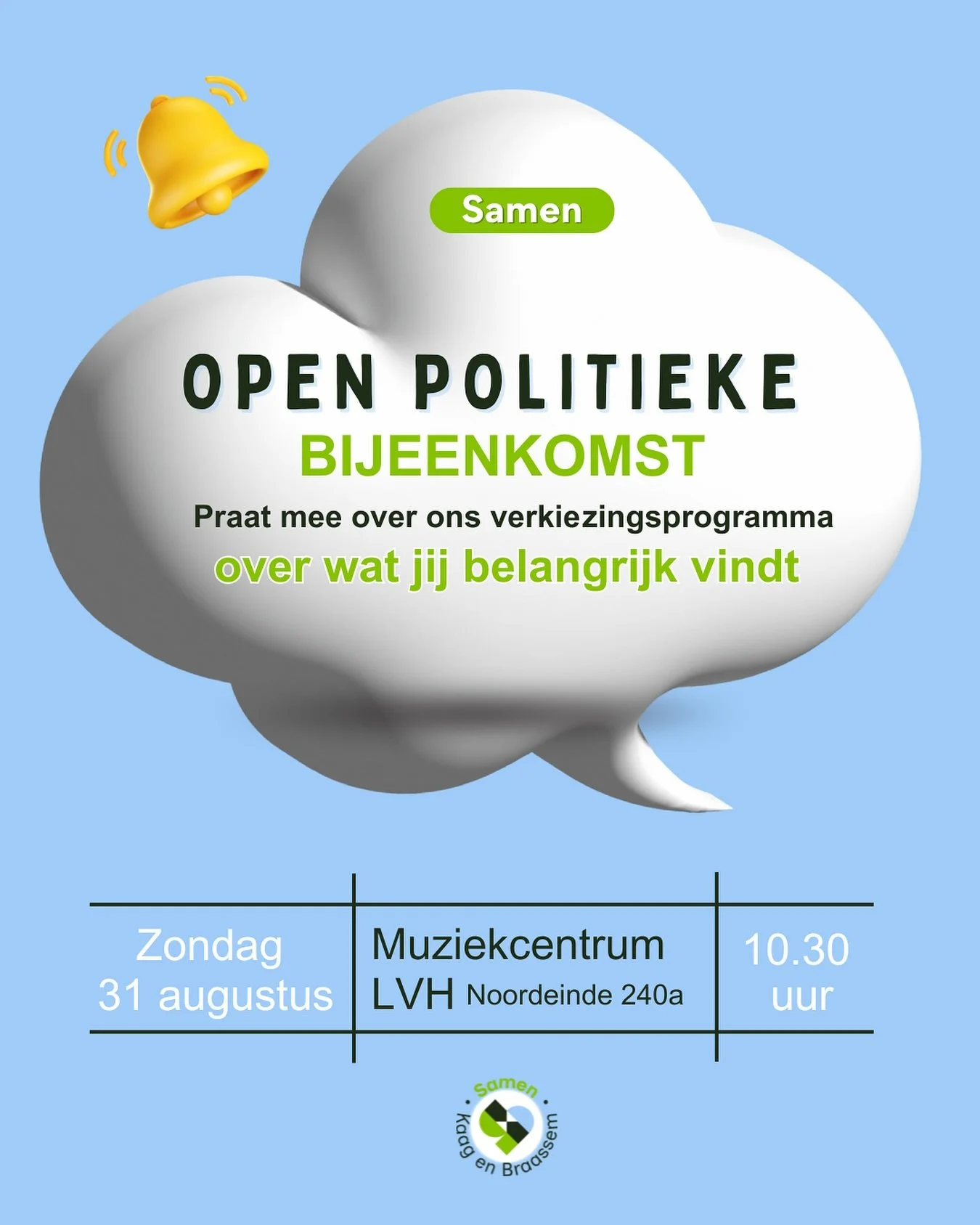 Open politieke bijeenkomst

📅 zondag 31 augustus 
🕦 10.30 uur
📍 Liefde voor Harmonie

Praat je mee? We hebben het over ons verkiezingsprogramma. Omdat jouw mening telt! 

#politiekebijeenkomst #verkiezingen #verkiezingsprogramma #jouwstemtelt #pra