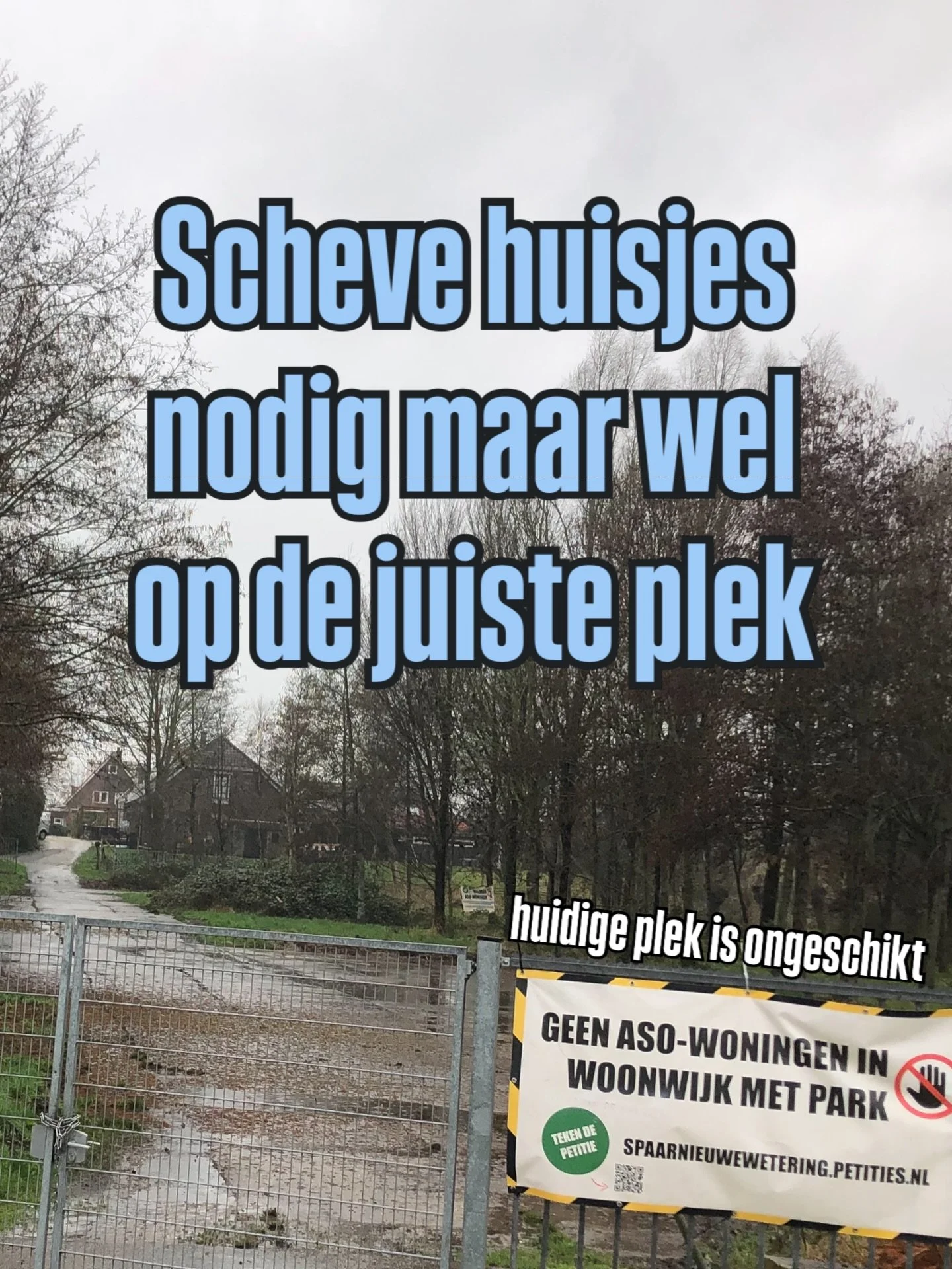 Na overleg met de bewoners hebben we schriftelijk vragen gesteld over de voorgestelde locatie voor de &lsquo;scheve huisjes&rsquo; 

Inwoners denken graag mee over een oplossing, alleen wel als het college openstaat voor een alternatieve plek. 

Een 