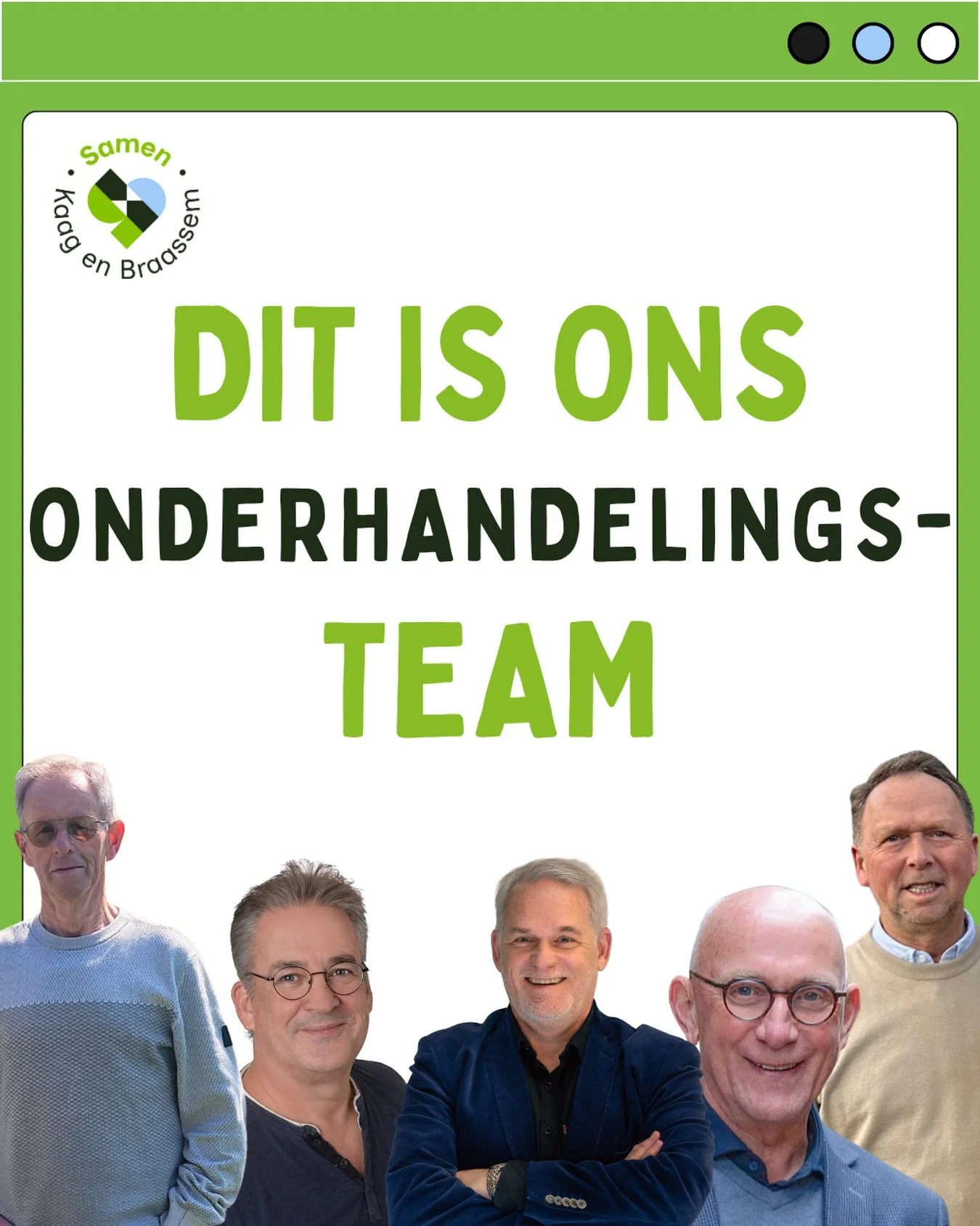 Samen met verkenner Marja Spreij gaan wij de onderhandelingsgesprekken in. 
We leren de andere partijen door deze gesprekken beter kennen, wat waardevol is voor het formeren, wat hierna volgt.   Ons team bestaat uit:
- Ton Verdel
- Roland van Beurden