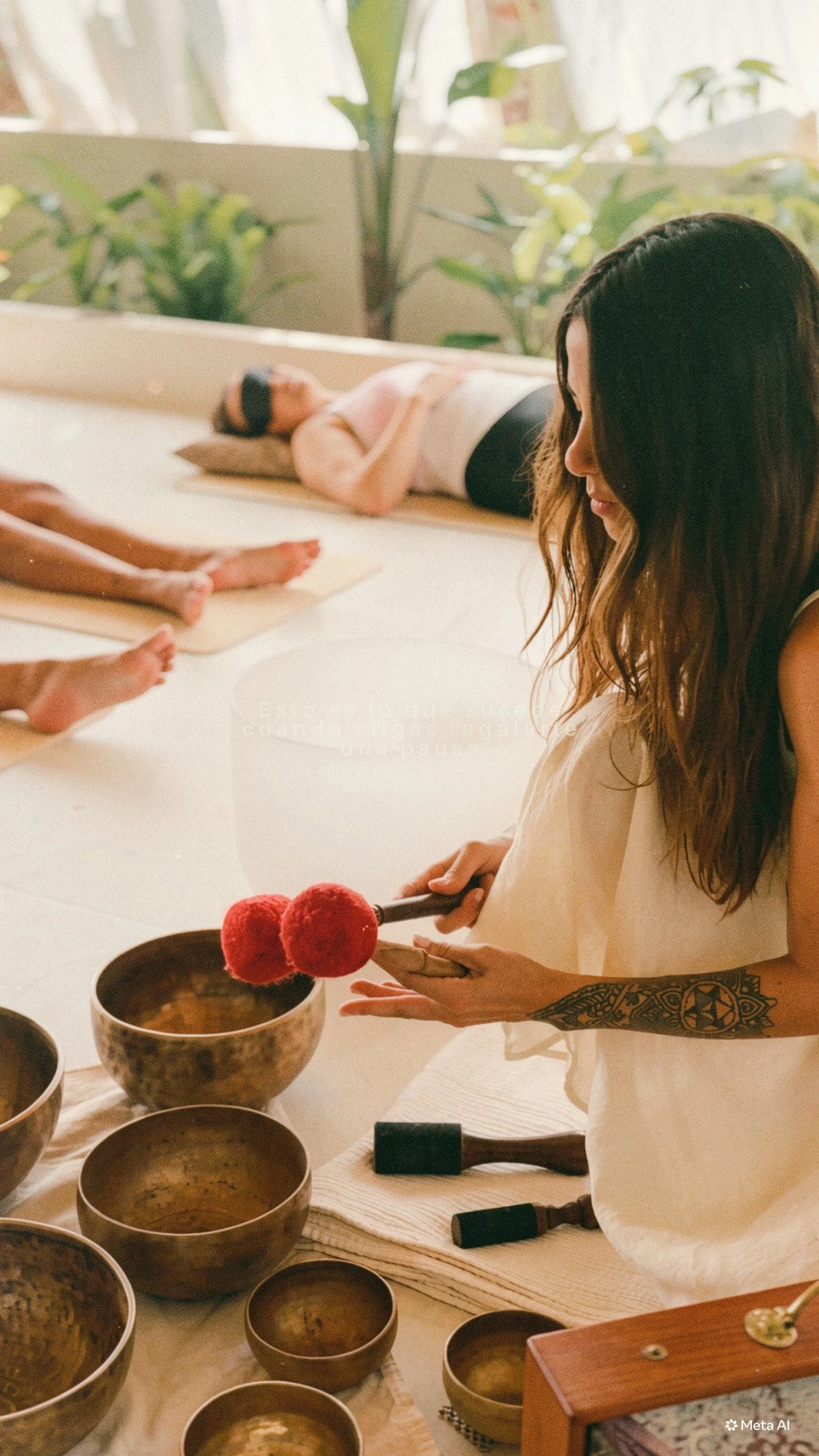 Alba, creadora de Temple Studio, preparando una sesión de sonoterapia y arte sonoro con cuencos tibetanos en un espacio luminoso y natural en Mallorca.