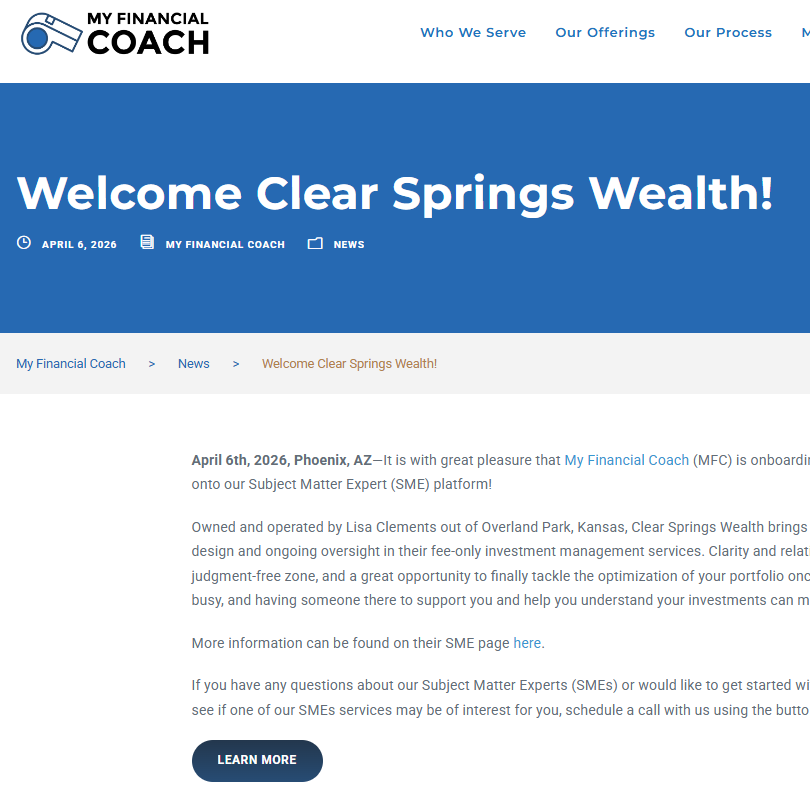 My Financial Coach Press Release: Welcomes Clear Springs Wealth