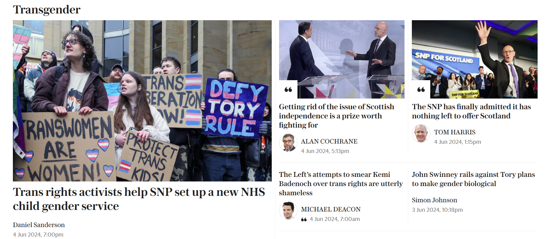  screenshot from a search for the word “transgender” on the Telegraph’s website 