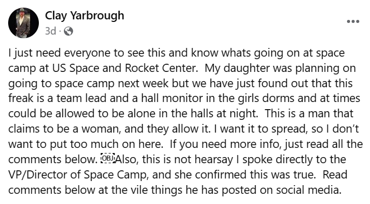 just need everyone to see this and know whats going on at space camp at US Space and Rocket Center.  My daughter was planning on going to space camp next week but we have just found out that this freak is a team lead and a hall monitor...