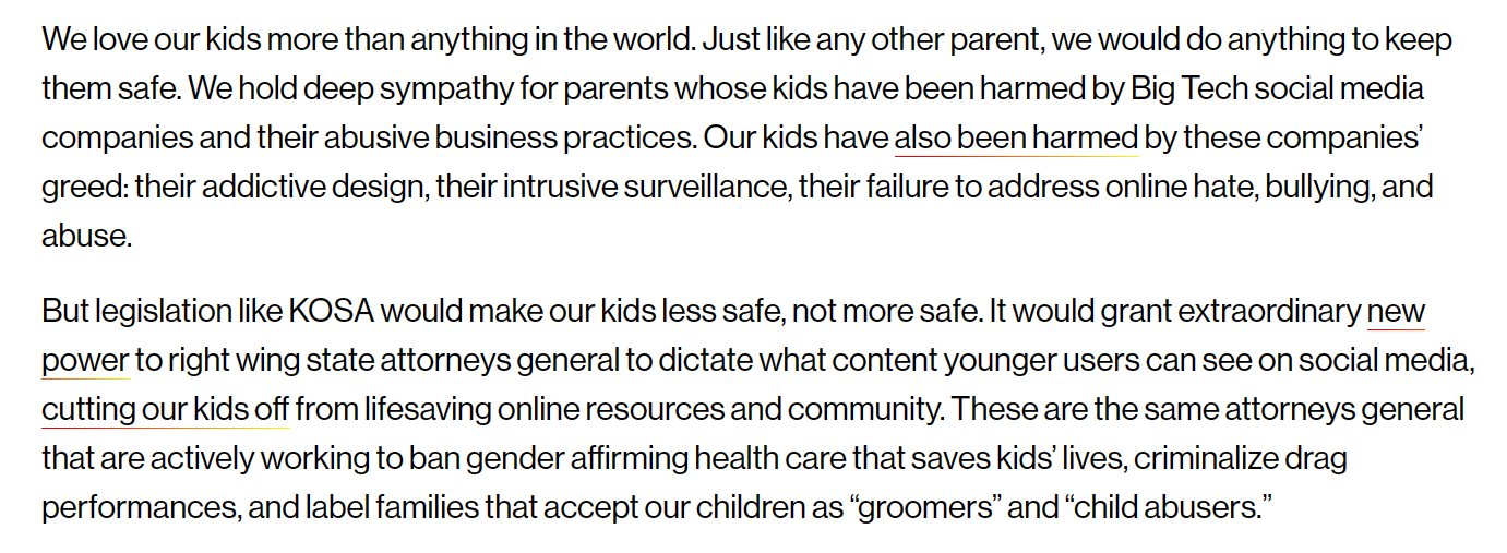  screenshot from the open letter opposing KOSA 