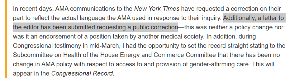 American Medical Association Requests Correction to New York Times Story