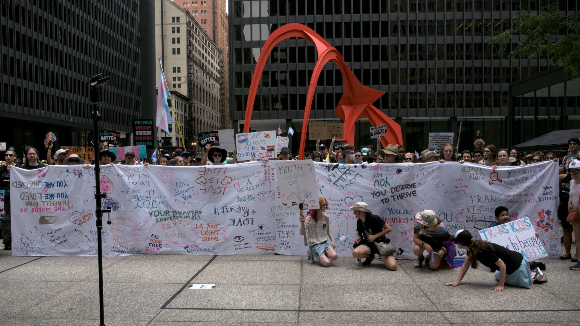   The entire crowd at the protest, standing in front of the giant art banner. It is covered in affirming slogans like YOU ARE WANTED and YOU DESERVE TO THRIVE. A group of trans kids are posing in front of the banner, being goofballs.  