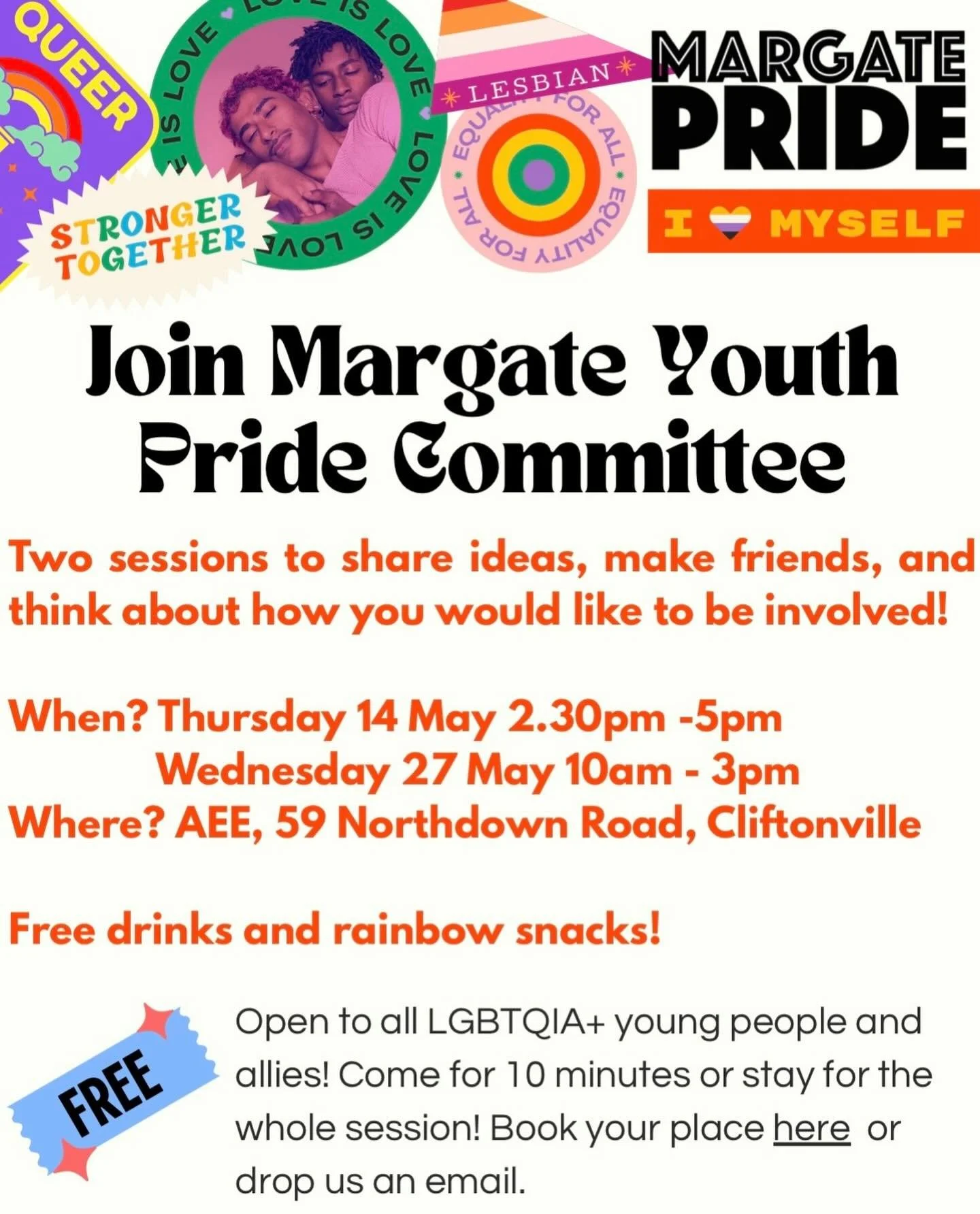 Do you want to shape Margate Youth Pride? 🏳️&zwj;🌈🏳️&zwj;⚧️💖

Come join one of our drop-in sessions on 14th &amp; 27th May to make new friends, plan Youth Pride, and eat delicious rainbow snacks! 🍰🧁🍫🍎🍓🍪 

If you are between 12 and 24 years 