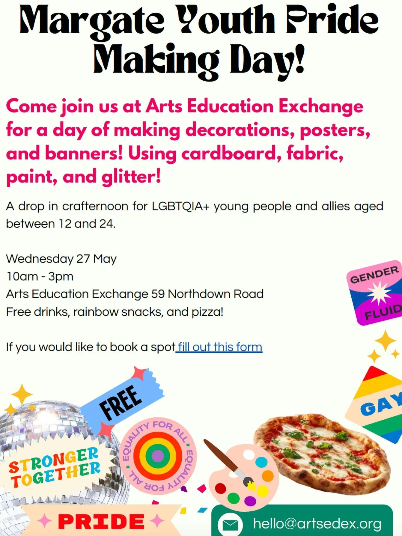 Come join us next Wednesday from 10am - 3pm for a Pride Making Day! 🎨🎭🎼🎸🎤

Create decorations, practice a performance idea, eat delicious pizza and meet other LGBTQIA+ young people 🌈🍕🌈🍕🌈

We have 10 spots open for anyone aged between 12 &am