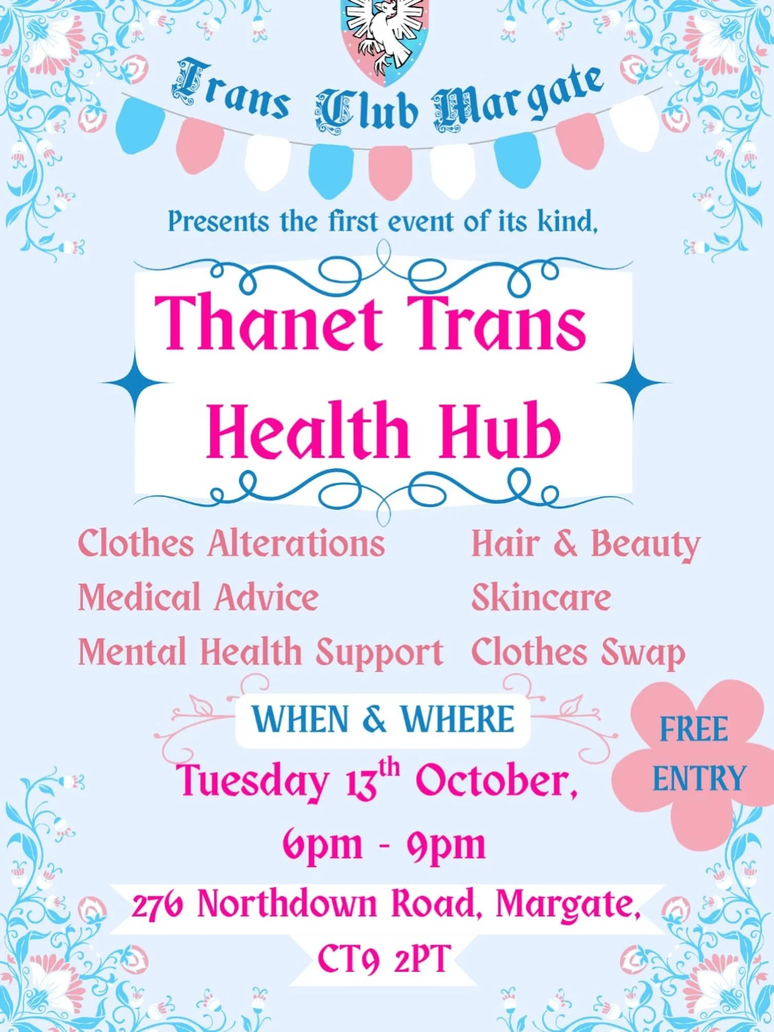 Did you hear? @transclubmargate are holding an amazing evening at @margateartsclub 🏳️&zwj;⚧️&hearts;️🏳️&zwj;⚧️

It&rsquo;s completely free and there will be lots of brilliant activities and advice.

If you are trans, intersex, gender fluid, non-bin