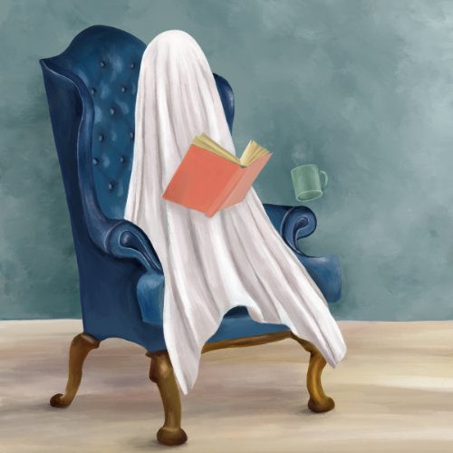 Cozy ghost reading a book in a chair