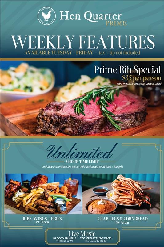 Flyer for Hen Quarter Prime listing weekly food specials, bottomless drink options, and live music with DJs and bands on Tuesday and Thursday evenings