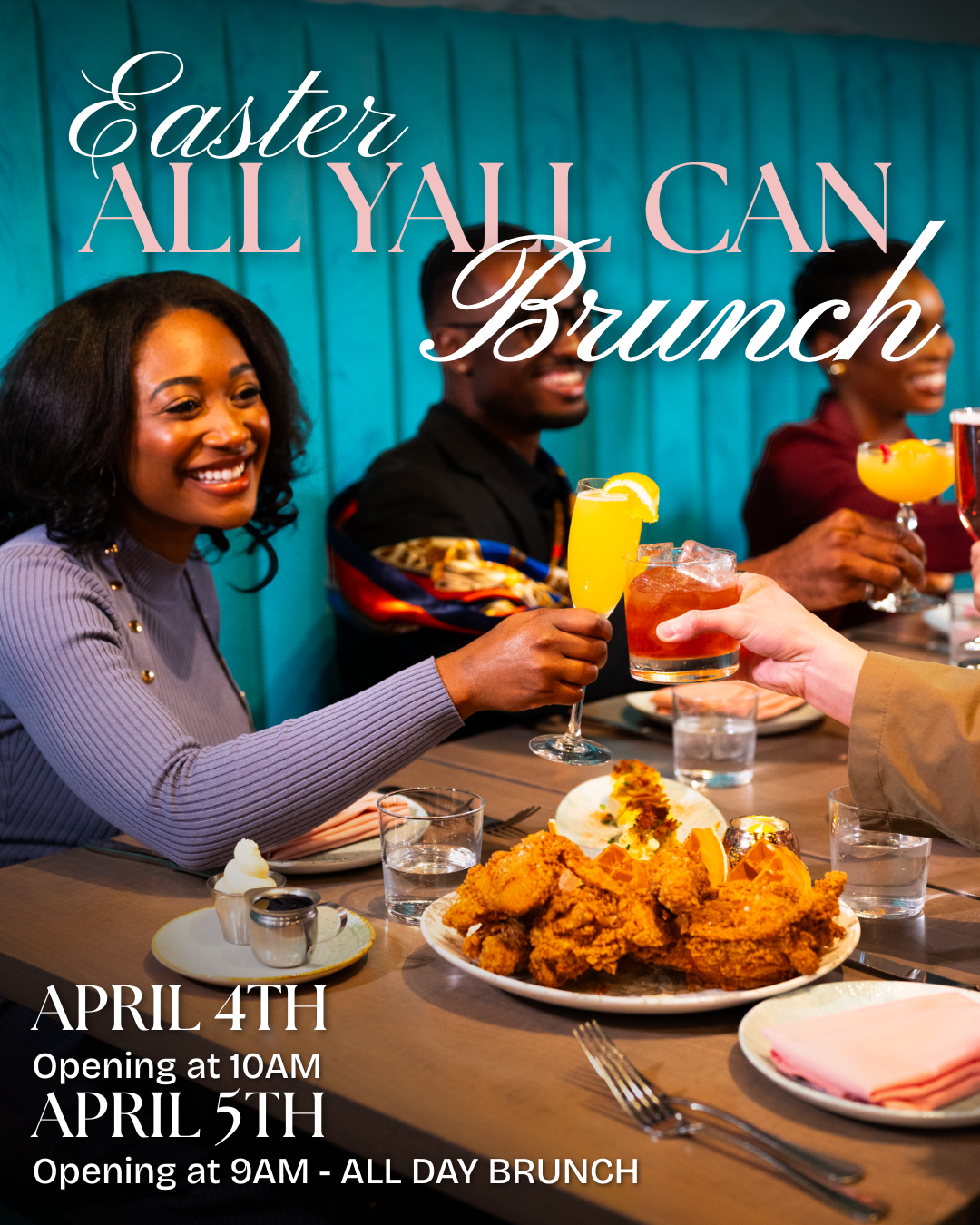 A plate of French toast with strawberries, blackberries, and whipped cream, with text promoting Easter brunch on April 4th and 5th.