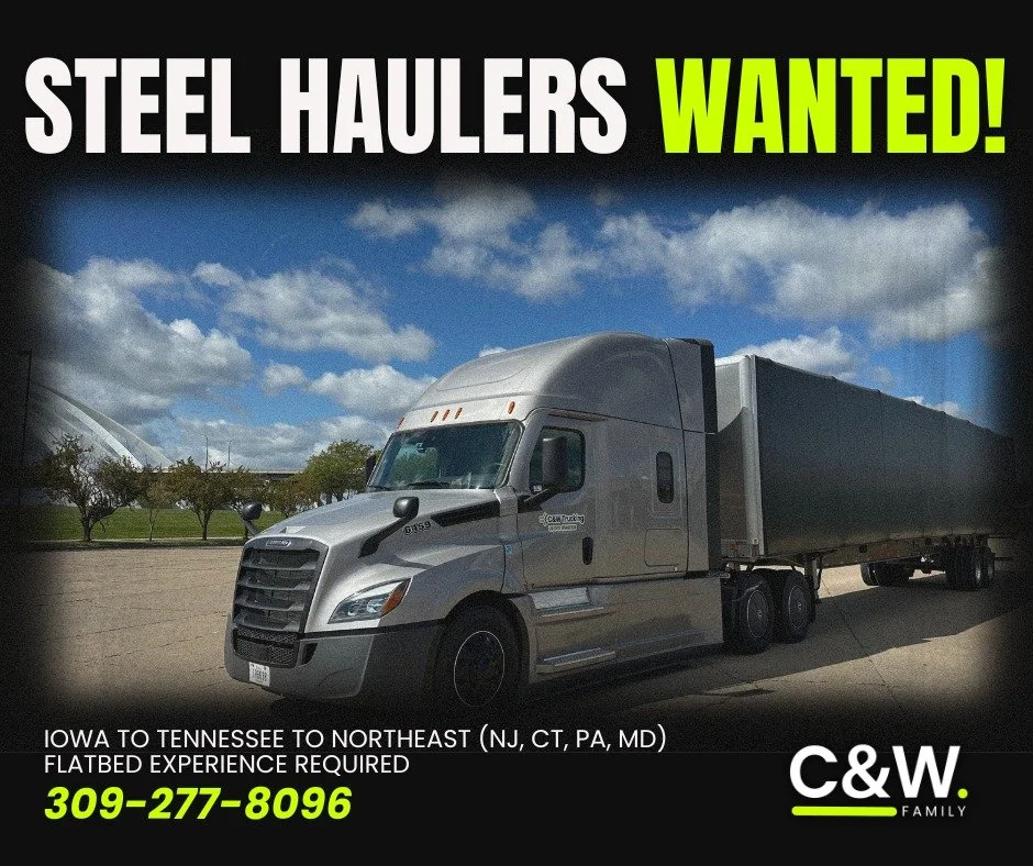 Steel haulers wanted! Hit the road with C&W Trucking!
π Please apply at: https://intelliapp.driverapponline.com/c/cwtrucking
π Or call Amanda at 309-277-8096 for more details
We're looking for reliable drivers with flatbed experience to run la